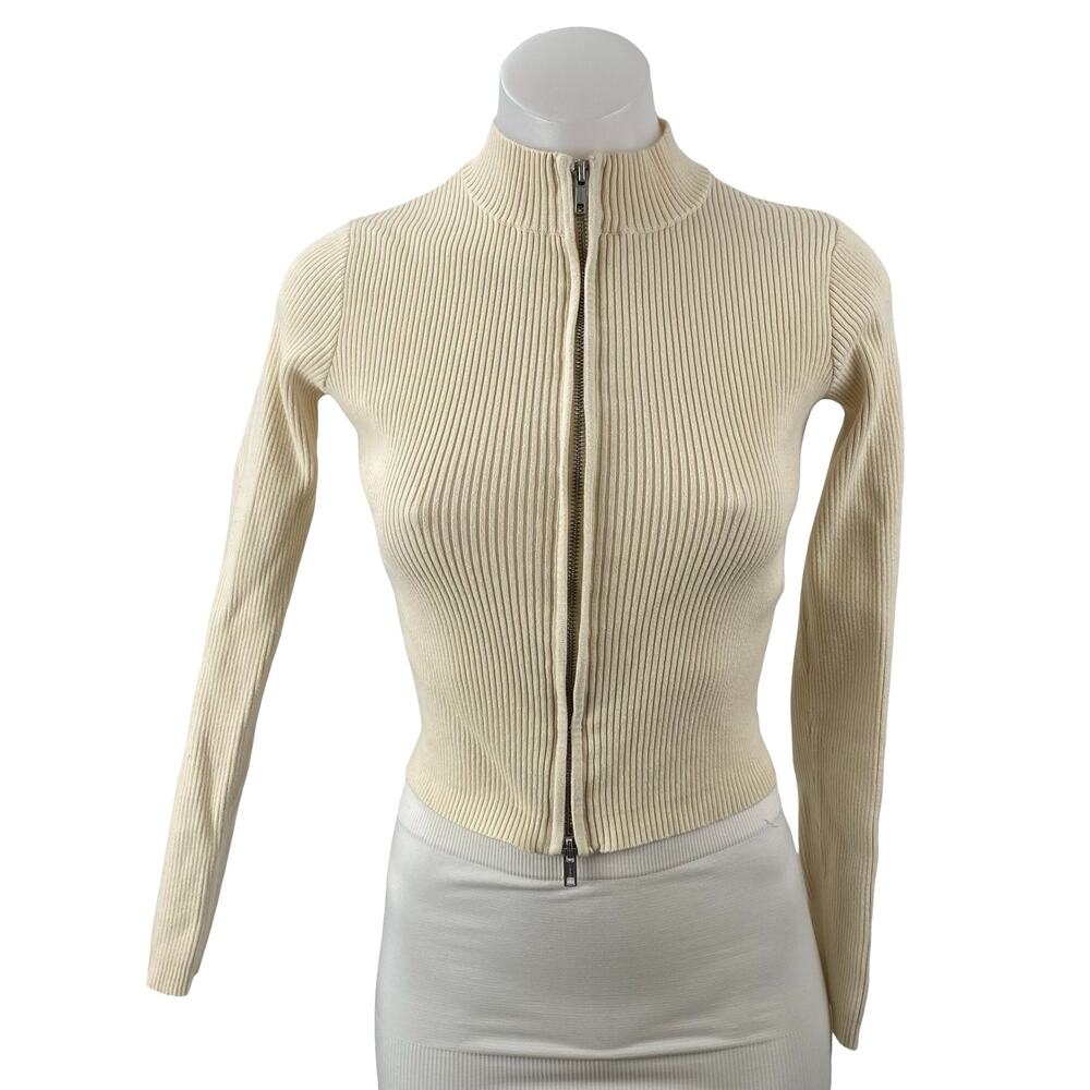 Brandy Melville Cream Ribbed Mock Neck Long Sleeve Cardigan Sweater Jacket Sz S